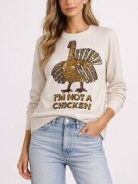 H&M I'm Not a Chicken Sequin Turkey Thanksgiving Novelty Holiday Sweater Alpaca
